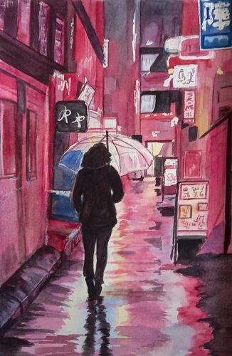 Janet G, A walk in the rain, watercolour.